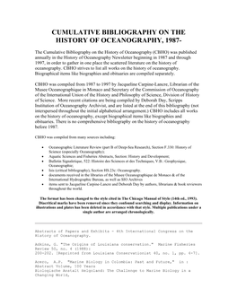 Cumulative Bibliography on the History of Oceanography, 1987