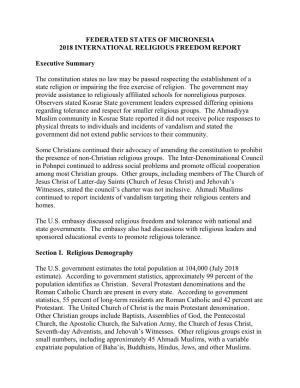 Micronesia 2018 International Religious Freedom Report