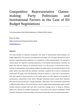 Competitive Representative Claims- Making: Party Politicians and Institutional Factors in the Case of EU Budget Negotiations