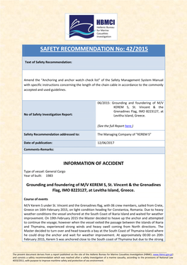 SAFETY RECOMMENDATION No: 42/2015