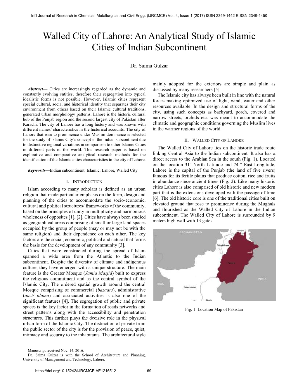 Walled City of Lahore: an Analytical Study of Islamic Cities of Indian Subcontinent