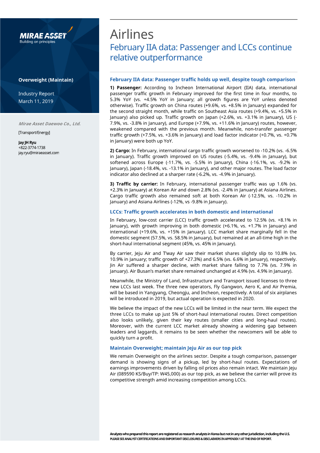 Airlines February IIA Data: Passenger and Lccs Continue Relative Outperformance