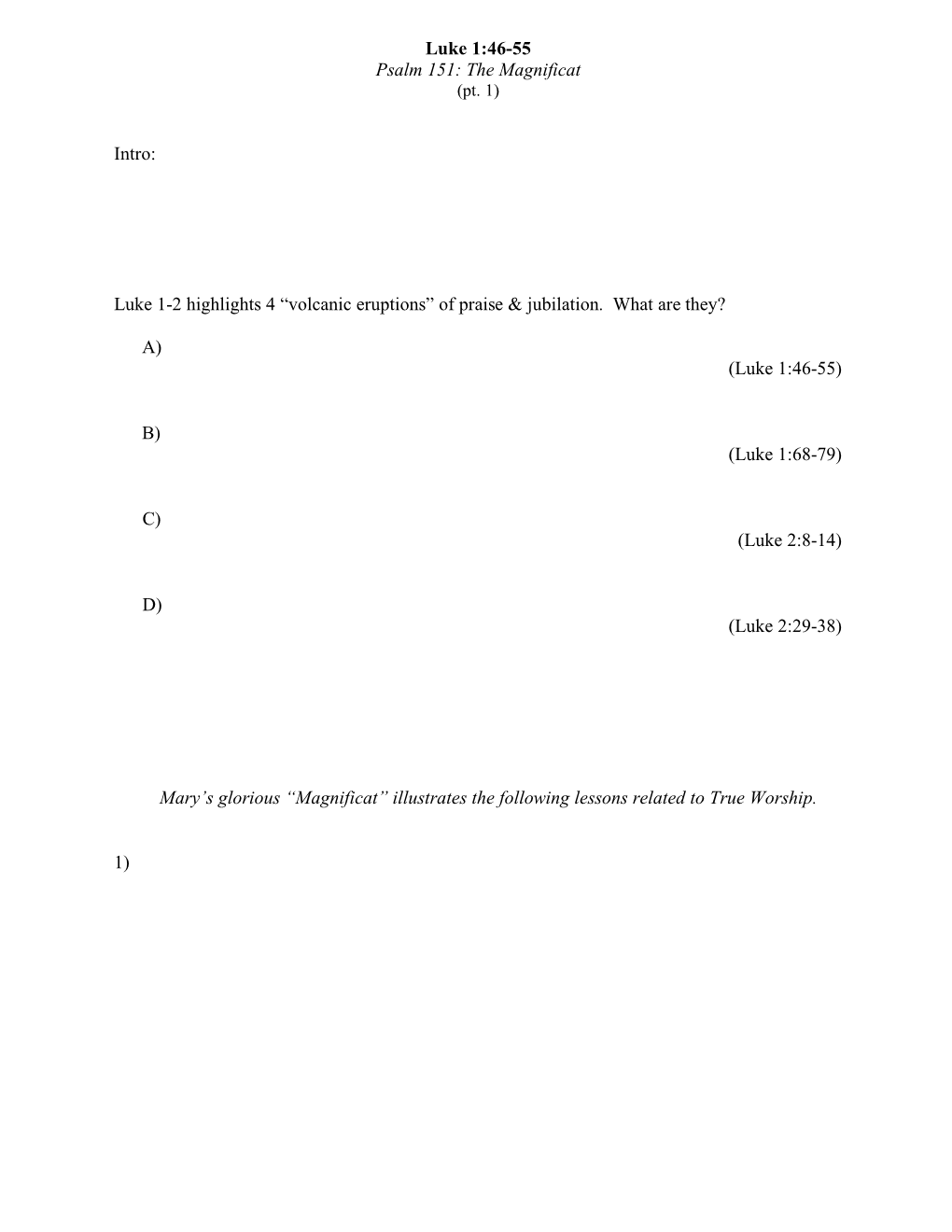 Luke 1.45-56 Psalm 151 the Magnificat Sermon Handout