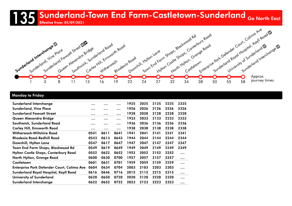 Sunderland-Town End Farm-Castletown-Sunderland Go North East 135 Effective From: 05/09/2021