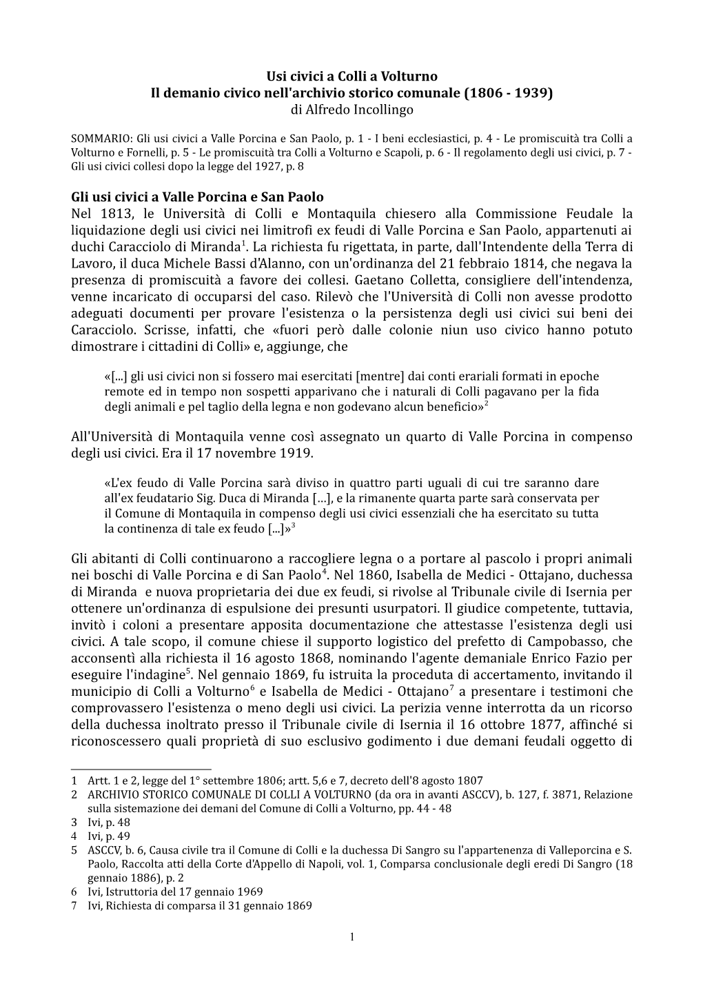 Usi Civici a Colli a Volturno Il Demanio Civico Nell'archivio Storico Comunale (1806 - 1939) Di Alfredo Incollingo