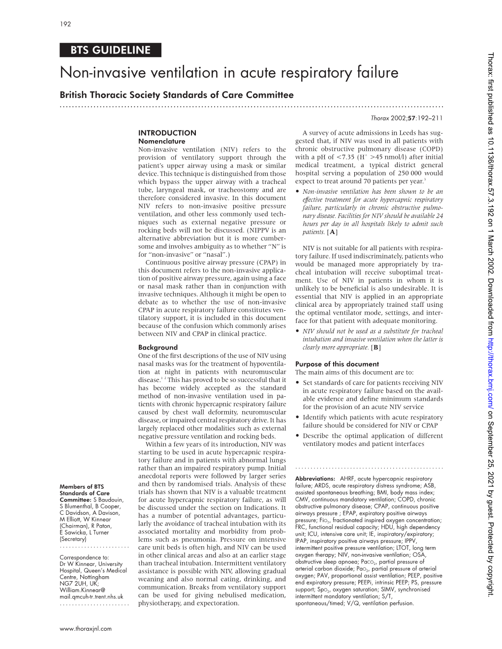 Non-Invasive Ventilation in Acute Respiratory Failure British Thoracic Society Standards of Care Committee