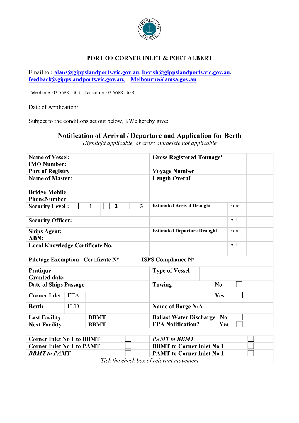 Application for Arrival and Departure – Port of Corner Inlet and Port Albert