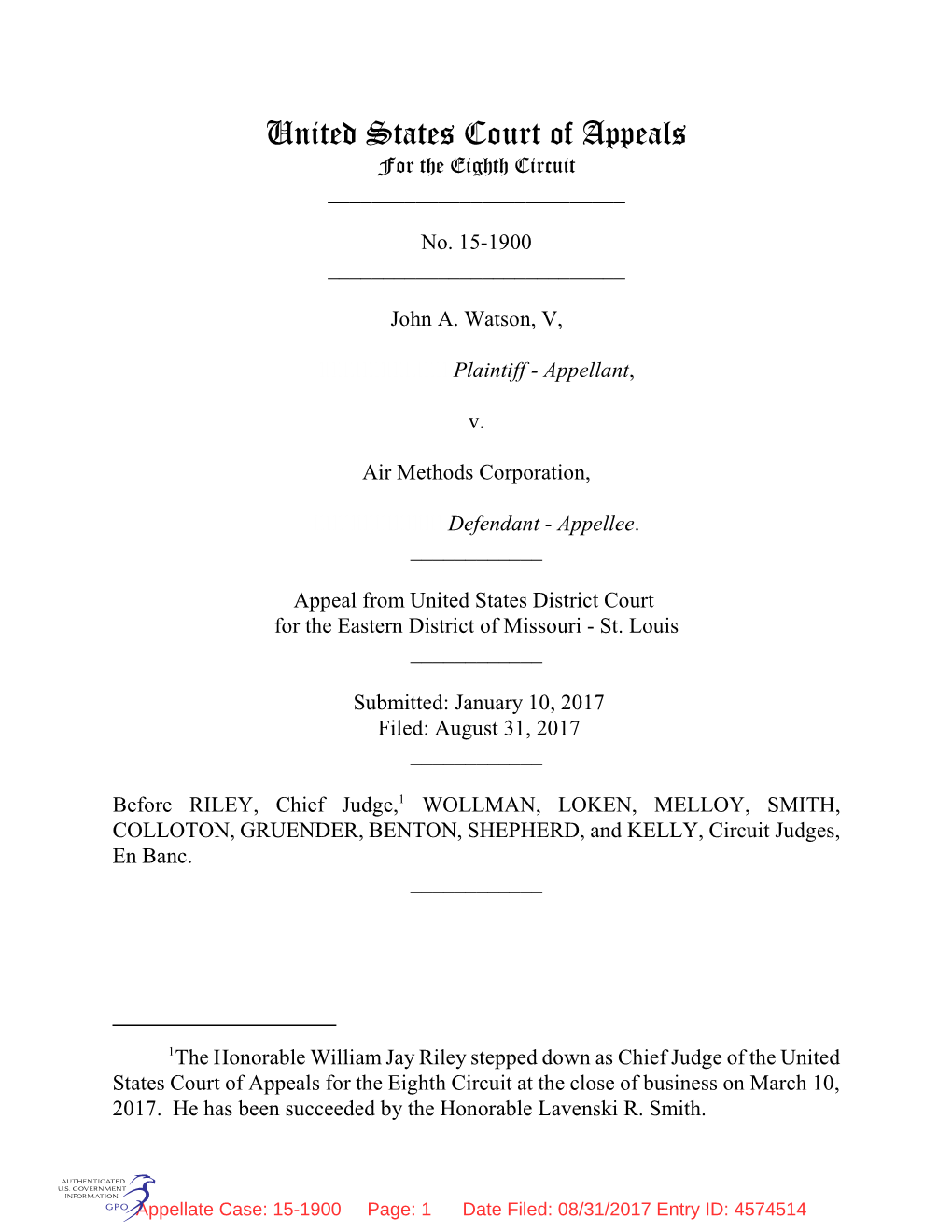 Watson V. Air Methods Corp., 834 F.3D 891 (8Th Cir