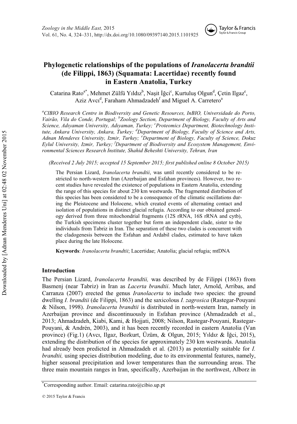 Phylogenetic Relationships of the Populations of Iranolacerta Brandtii