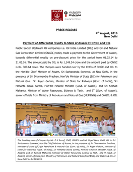 PRESS RELEASE 4Th August, 2016 New Delhi Payment of Differential