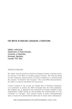 The Metis in English Canadian Literature