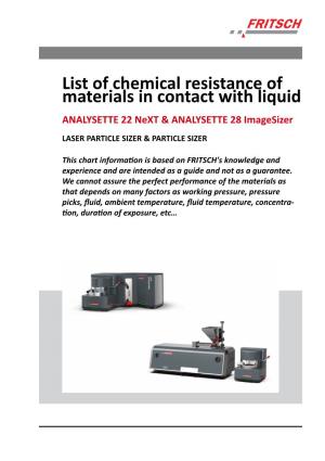 List of Chemical Resistance of Materials in Contact with Liquid ANALYSETTE 22 Next & ANALYSETTE 28 Imagesizer LASER PARTICLE SIZER & PARTICLE SIZER