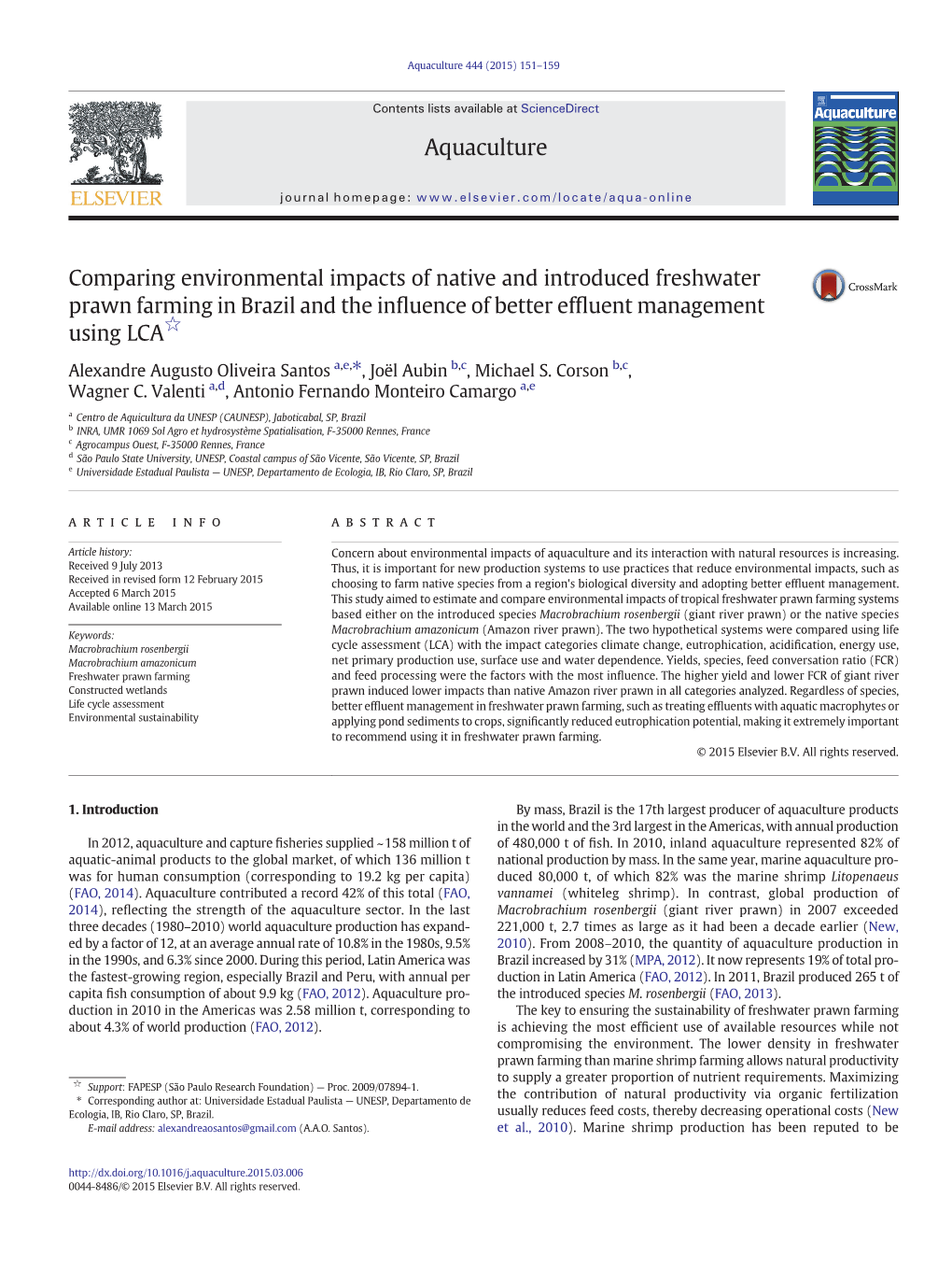 Comparing Environmental Impacts of Native and Introduced Freshwater Prawn Farming in Brazil and the Influence of Better Effluent