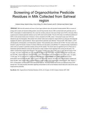 Screening of Organochlorine Pesticide Residues in Milk Collected from Sahiwal Region Zubaria Ishaq, Nazish Ishaq, Imran Ishaq, Dr