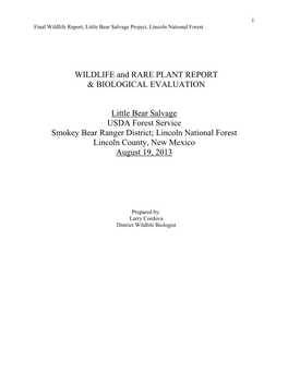 WILDLIFE and RARE PLANT REPORT & BIOLOGICAL EVALUATION
