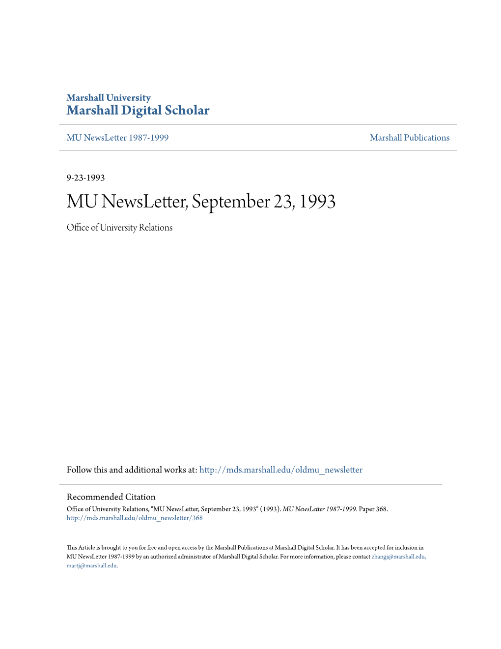 MU Newsletter, September 23, 1993 Office Ofni U Versity Relations