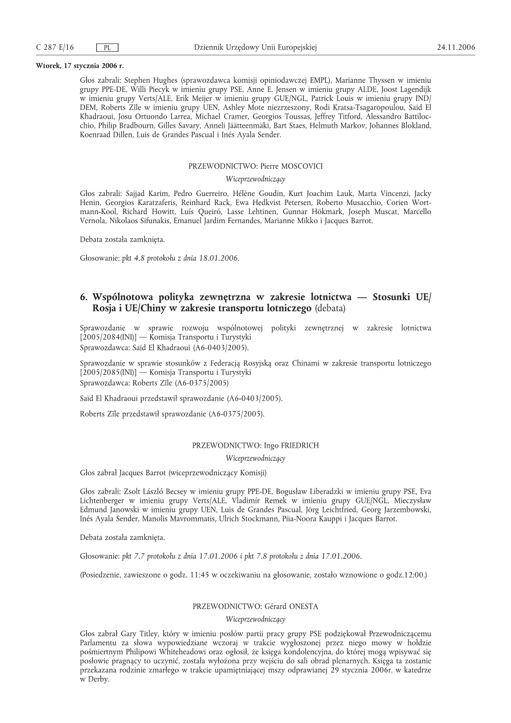 Stosunki UE/ Rosja I UE/Chiny W Zakresie Transportu Lotniczego (Debata)