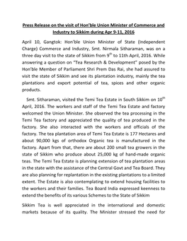 Press Release on the Visit of Hon'ble Union Minister of Commerce and Industry to Sikkim During Apr 9-11, 2016 April 10, Gangto