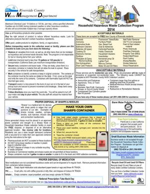 Household Hazardous Waste Collection Program All Sites Will Accommodate Multiple Trips If Storage Capacity Allows