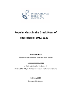 Popular Music in the Greek Press of Thessaloniki, 1912-1922