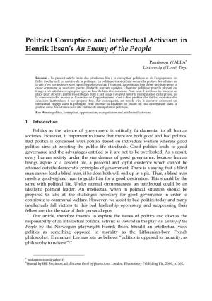 Political Corruption and Intellectual Activism in Henrik Ibsen's an Enemy of the People
