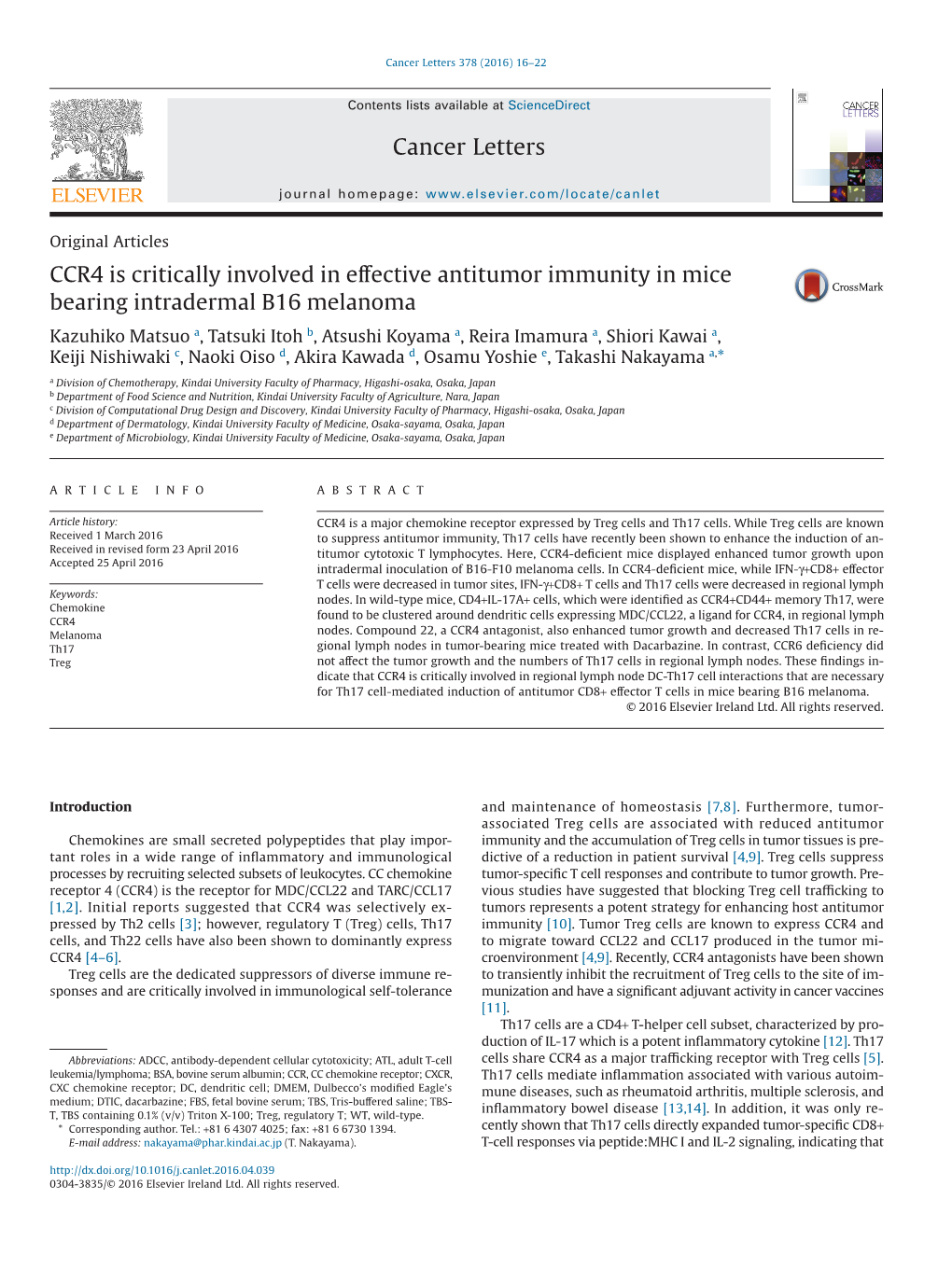 CCR4 Is Critically Involved in Effective Antitumor Immunity in Mice Bearing Intradermal B16 Melanoma