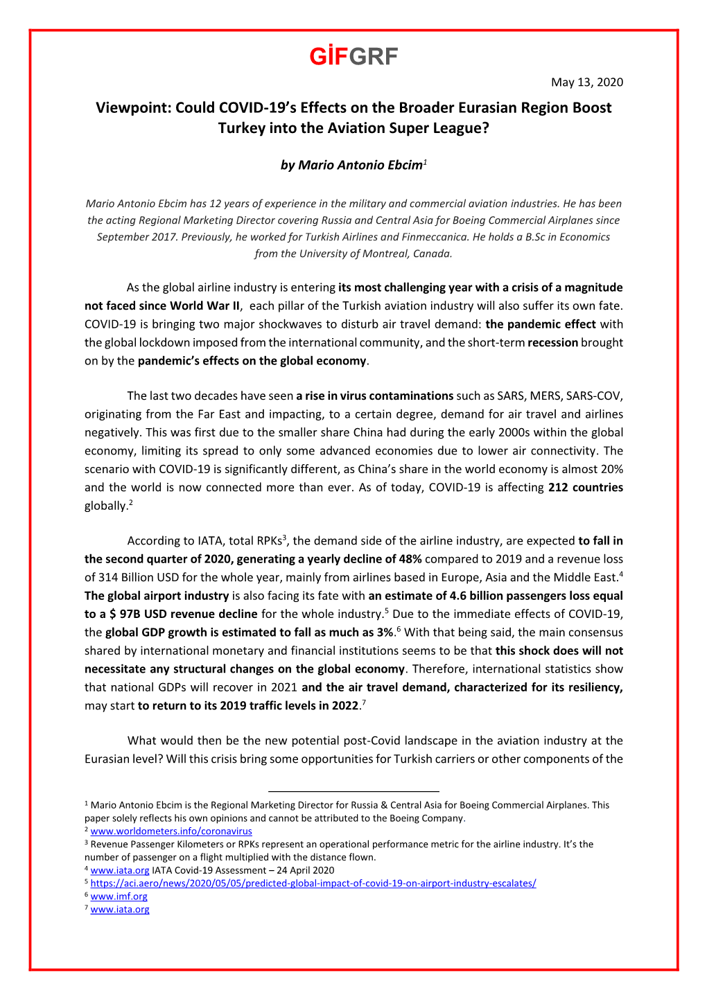 GİFGRF May 13, 2020 Viewpoint: Could COVID-19’S Effects on the Broader Eurasian Region Boost Turkey Into the Aviation Super League?