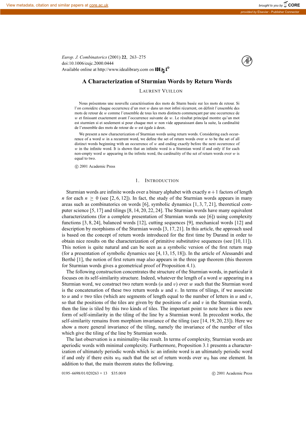 A Characterization of Sturmian Words by Return Words