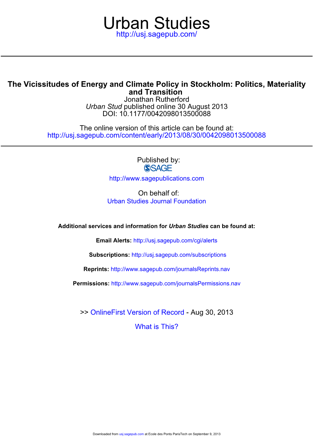 Politics, Materiality and Transition Jonathan Rutherford Urban Stud Published Online 30 August 2013 DOI: 10.1177/0042098013500088