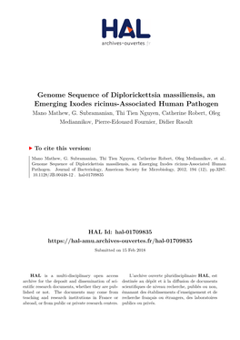 Genome Sequence of Diplorickettsia Massiliensis, an Emerging Ixodes Ricinus-Associated Human Pathogen Mano Mathew, G