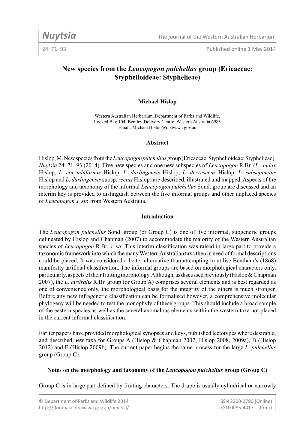 Nuytsia the Journal of the Western Australian Herbarium 24: 71–93 Published Online 1 May 2014