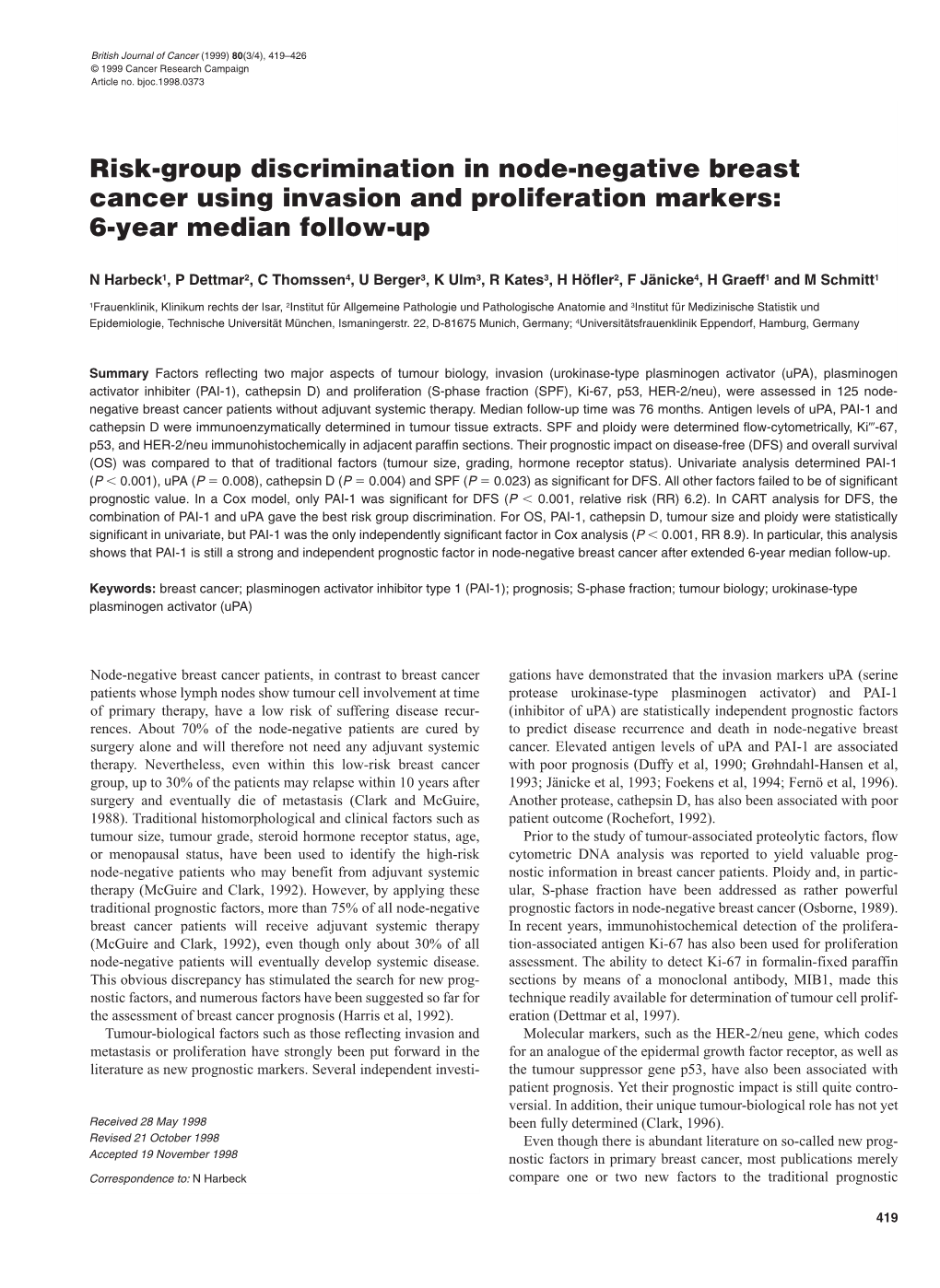 Risk-Group Discrimination in Node-Negative Breast Cancer Using Invasion and Proliferation Markers