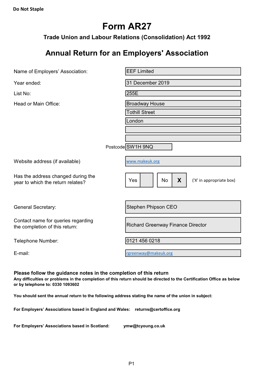 Form AR27 Trade Union and Labour Relations (Consolidation) Act 1992