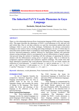 The Inherited PAN's Vocalic Phonemes in Gayo Language