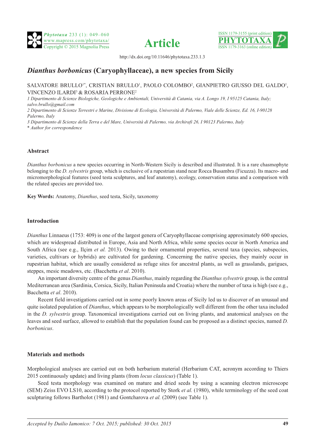 Dianthus Borbonicus (Caryophyllaceae), a New Species from Sicily