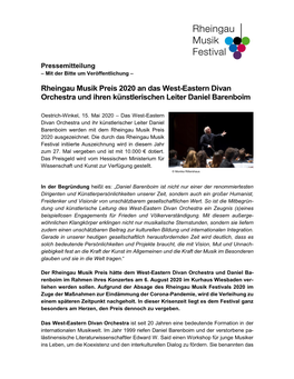 Rheingau Musik Preis 2020 an Das West-Eastern Divan Orchestra Und Ihren Künstlerischen Leiter Daniel Barenboim
