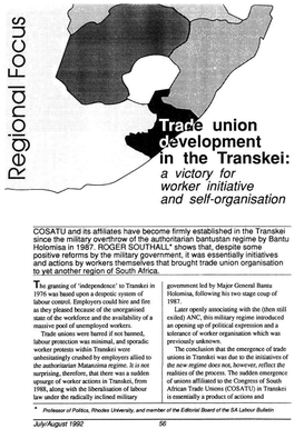 Union Velopment the Transkei a Victory for Worker Initiative and Self-Organisation