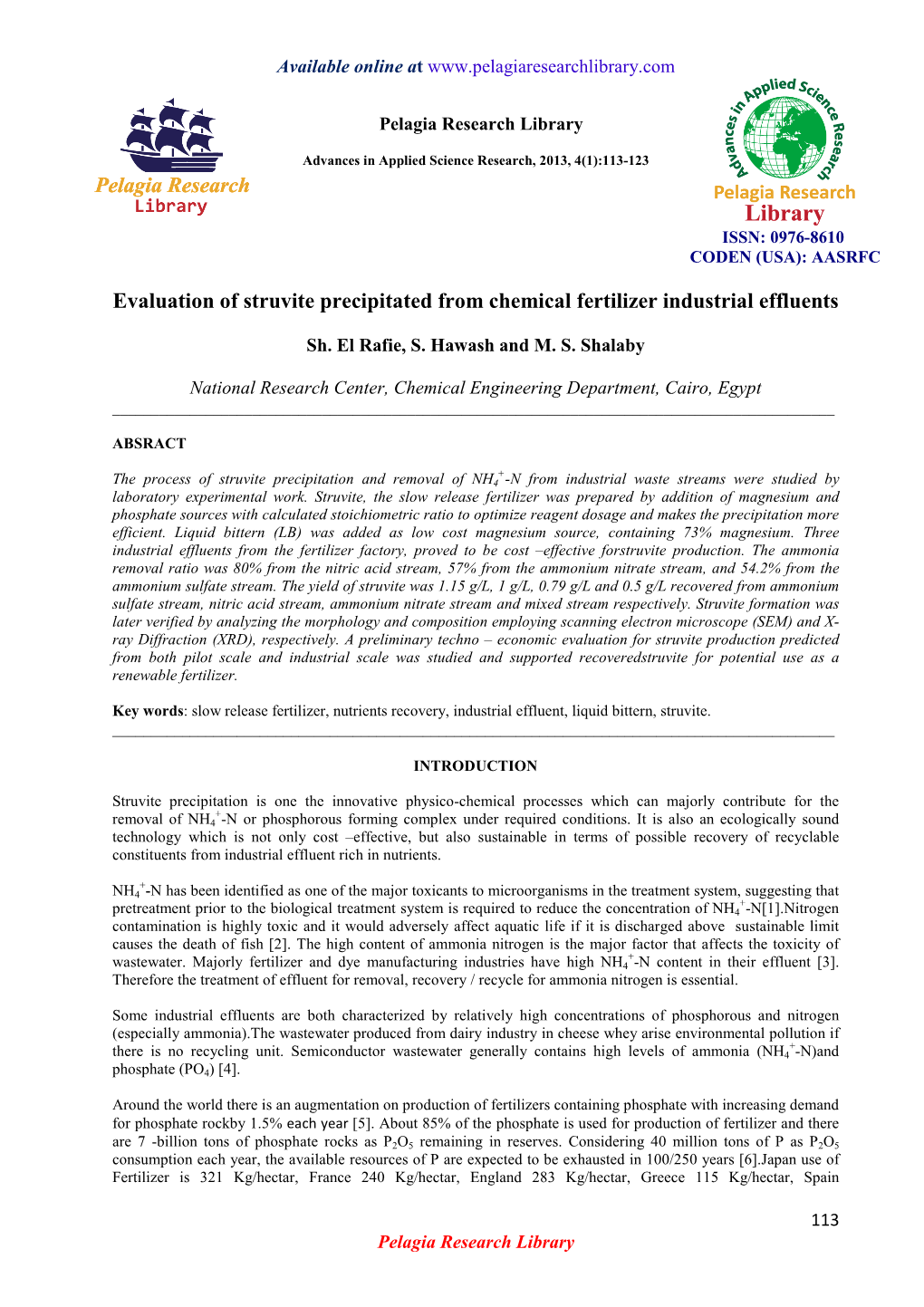 Evaluation of Struvite Precipitated from Chemical Fertilizer Industrial Effluents