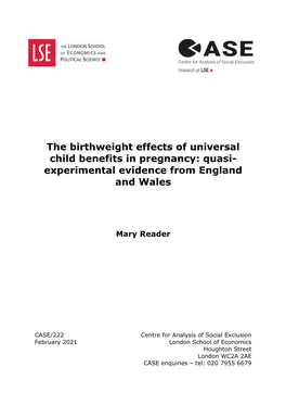 The Birthweight Effects of Universal Child Benefits in Pregnancy: Quasi- Experimental Evidence from England and Wales