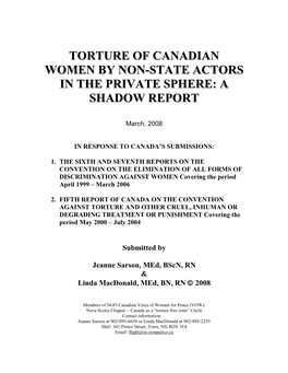 Torture of Canadian Women by Non-State Actors in the Private Sphere: a Shadow Report