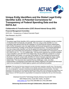 Unique Entity Identifiers and the Global Legal Entity Identifier (LEI): a Potential Cornerstone for Transparency of Federal Spen