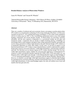 Detailed Balance Analysis of Photovoltaic Windows Lance M. Wheeler1 and Vincent M. Wheeler2 1National Renewable Energy Laborator