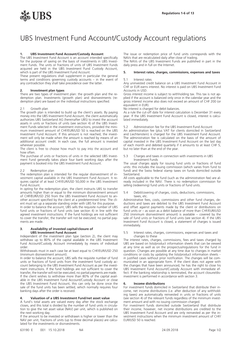 UBS Investment Fund Account/Custody Account Regulations