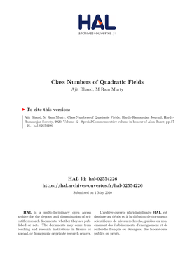 Class Numbers of Quadratic Fields Ajit Bhand, M Ram Murty