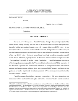 20-CV-1785 Donald J. Trump V. the Wisconsin Elections Commission