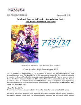 Aniplex of America to Premiere the Animated Series the Asterisk War This Fall Season