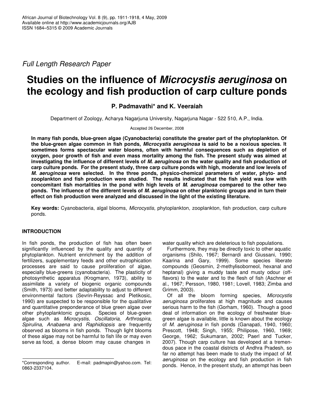 Studies on the Influence of Microcystis Aeruginosa on the Ecology and Fish Production of Carp Culture Ponds