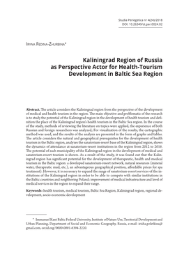 Kaliningrad Region of Russia As Perspective Actor for Health-Tourism Development in Baltic Sea Region
