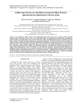 A Dietary Study of the Rough-Footed Mud Turtle (Kinosternon Hirtipes) in Texas, Usa