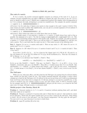 Matlab in Math 461, Part Four the Rank of a Matrix If a Is A